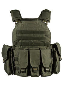 Isolated army green military tactical combat vest with adjustable straps and multiple utility pouches