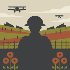 Silhouette of a soldier in a helmet standing in front of barbed wire, poppies, and biplanes in the sky © srdesignhouse