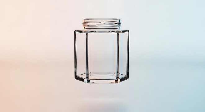 Empty glass jar with a modern hexagonal shape for food storage or home kitchen decor and supplies. hexagonal jar mockup