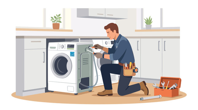 repairman kneeling and repairing washing machine in kitchen.