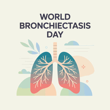 Bronchiectasis day awareness poster with stylized human lungs on beige background, respiratory