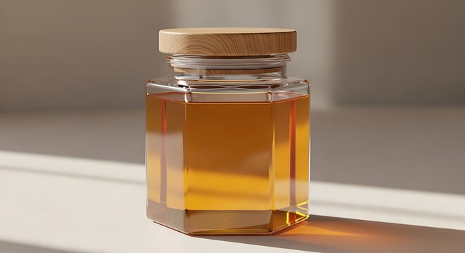 A clear glass jar filled with golden organic honey and a natural light wooden lid on a sunny surface, hexagonal jar mockup
