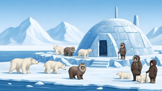 Polar bears and indigenous people stand near an igloo within a snowy arctic landscape on a clear day.