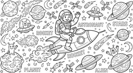 Outer space vector elements for kids coloring book with cute galaxy characters © Akhi Ayra