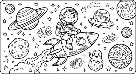 Cute outer space vector illustration with rocket ship planets and UFO for kids coloring book © Akhi Ayra