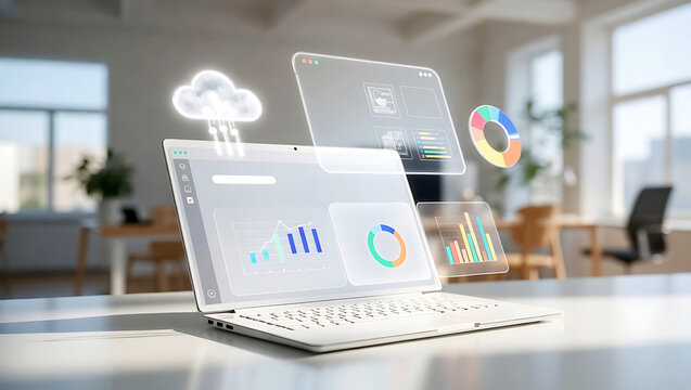 Futuristic laptop displaying financial data charts