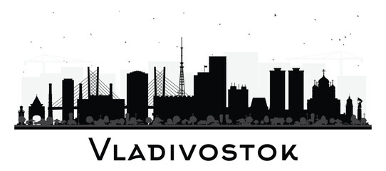 Obraz premium Vladivostok Russia city skyline silhouette with black buildings isolated on white. Illustration. Vladivostok cityscape with landmarks. Tourism concept with modern and historic architecture.