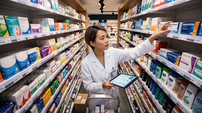 Female Pharmacist Checking Medication Stock with Digital Tablet