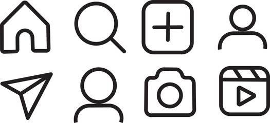 Instagram icons set featuring like, message, search, comment, share, user profile, and reels symbols © MDParveg