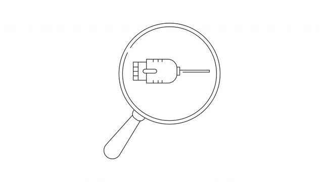 Magnifying glass over syringe icon, medical research concept.