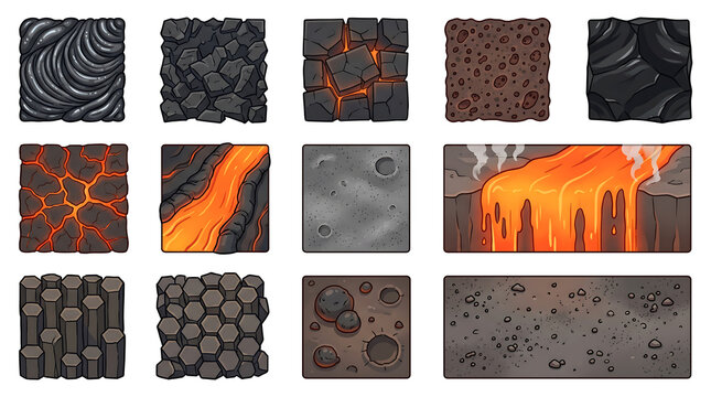  Top-Down Vector Tileset of Lava and Volcanic Terrain Textures with Flow Patterns on White Background
