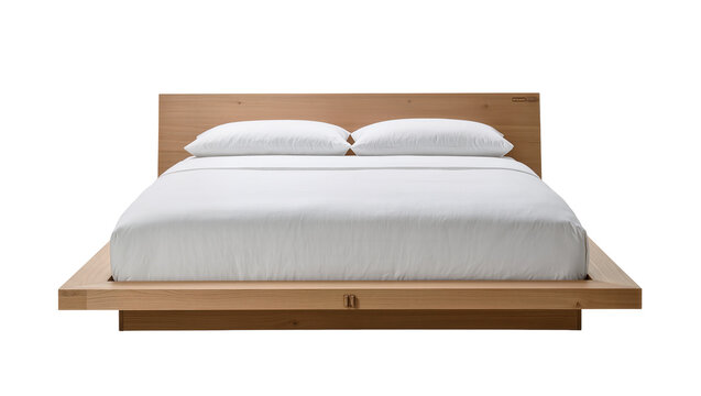 Isolated modern wooden platform bed with white pillows and duvet, contemporary bedroom furniture.