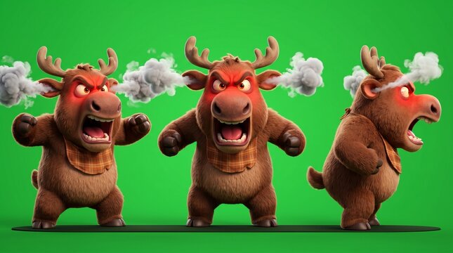 Three Cartoon Angry Moose Characters with Steam Coming from Their Heads.