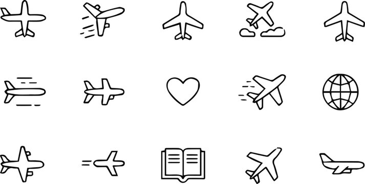 airplane outline icons for travel aviation learning set