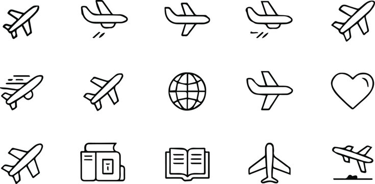 airplane symbols globe heart book travel icon pack