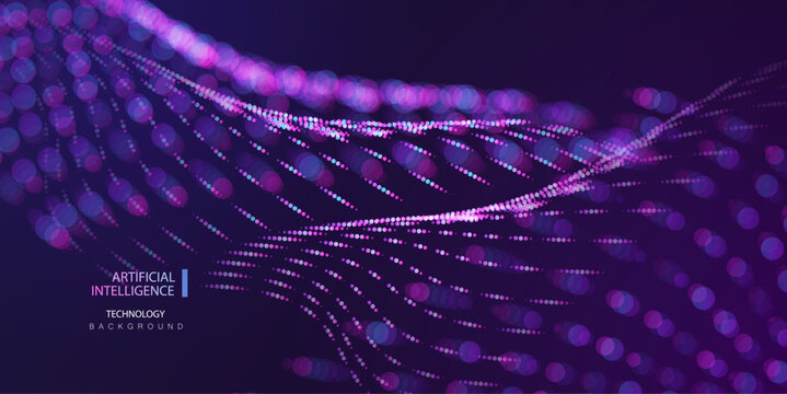 Waving purple and blue dot lines technology concept. Ai big data stream net line  background. Futuristic perspective concept of network vector blurred design.