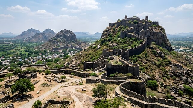 Aerial landscape view showing ancient stone fortress walls built on rocky hill slopes with green vegetation and distant village during sunny day at gingee fort complex in tamil nadu state india.