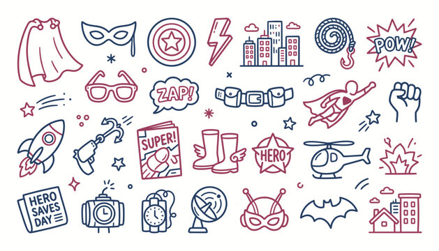 Superhero line art icons for creative storytelling and comics design assets