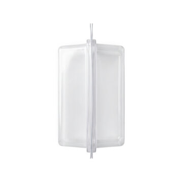 Clear plastic clamshell packaging hanging on string isolated