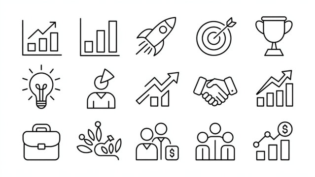 Business Growth Outline Icon Set  Success, Analytics, and Startup Progress Line Vector Pack
