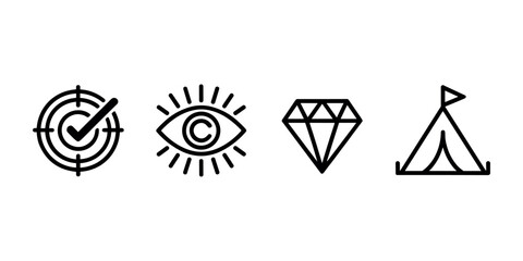 Black and white line of target with checkmark eye with lines diamond and tent  in white background © Tania