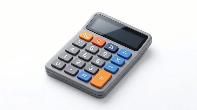 A small grey calculator with colorful buttons on a white background, used for basic arithmetic calculations and mathematical operations.