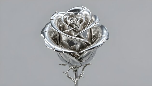  Polished metallic silver rose with finely detailed petals, realistic reflective chrome surface, elegant curled rose bloom with sharp thorns on stem, luxury ornamental design, isolated PNG on transpar
