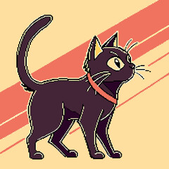 Pixel art illustration of a black cat on display. © KHUKUMONI