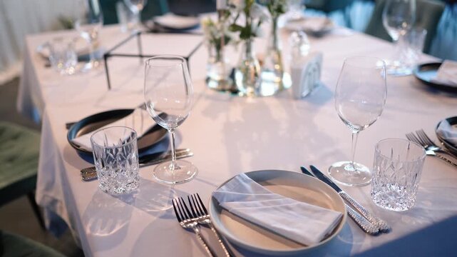 Catering service on banquet table with canape snacks in restaurant or hotel. Decorated food set on birthday, wedding celebration or business conference event venue