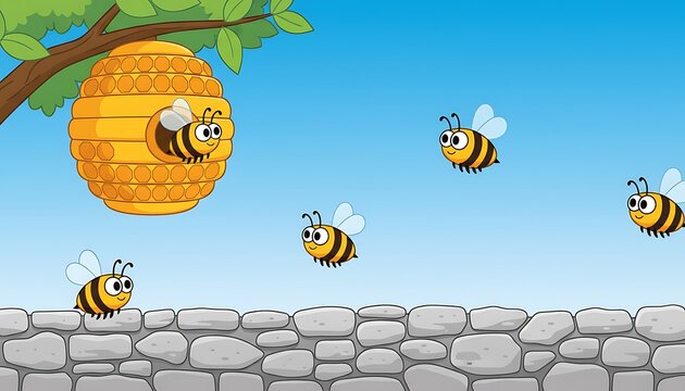 Cartoon beehive on a tree branch with bees flying over a stone wall