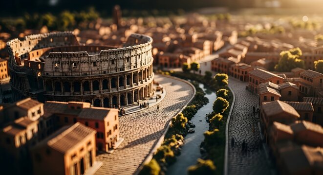 Miniature Colosseum in Rome, Italy, with a river and buildings under a warm sunset light, tilt-shift effect.