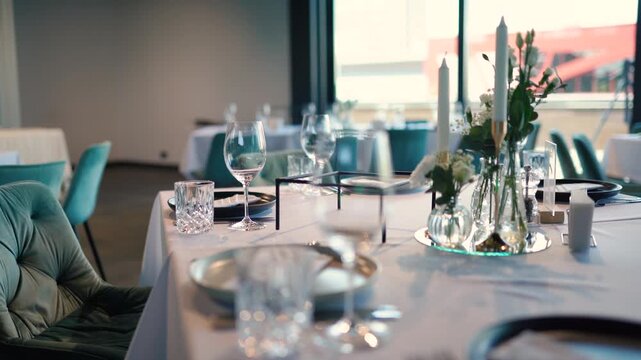 Catering service on banquet table with canape snacks in restaurant or hotel. Decorated food set on birthday, wedding celebration or business conference event venue