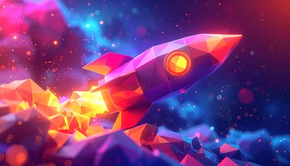Fototapeta premium Low-poly rocket soaring through a colorful, abstract, and dynamic space