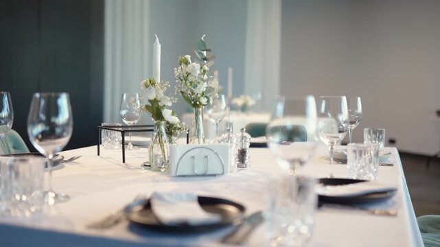 Catering service on banquet table with canape snacks in restaurant or hotel. Decorated food set on birthday, wedding celebration or business conference event venue