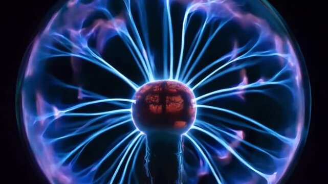 Blue glowing plasma filaments moving inside glass sphere, electric energy concept