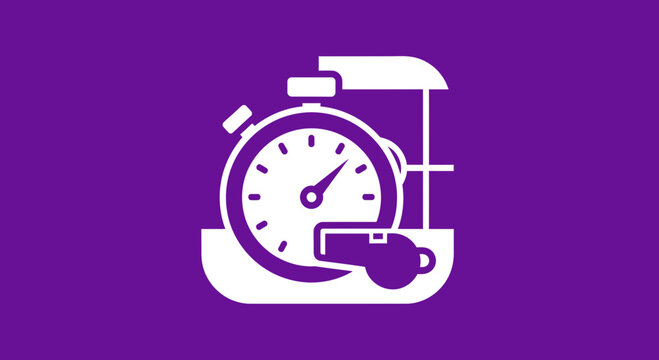 Minimalist Sports Icon Depicting Timing, Competition, and Winning on a Purple Background