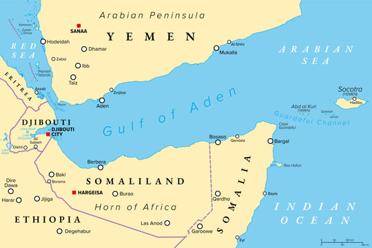 Gulf of Aden, political map. Deepwater gulf of the Indian Ocean between Yemen, the Arabian Sea, Djibouti, the Guardafui Channel, the Socotra Archipelago, Somaliland, and Puntland in Somalia. Vector