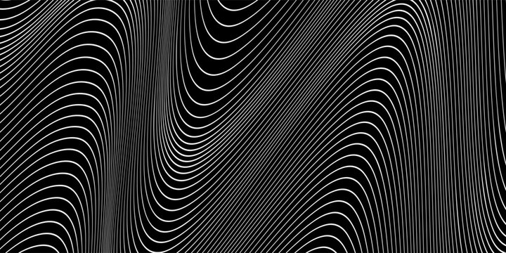 Abstract rippled or white lines pattern with wavy vibrant facture on black background and texture. Vector illustration