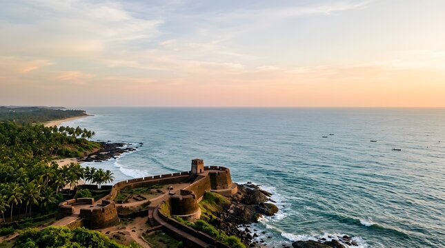 Aerial view historic fort Aguada Goa India at sunset overlooking coastline palm trees and Arabian sea serene ocean panorama with soft sky colors.