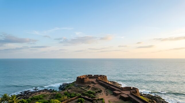 Fortress on rocky headland overlooking vast blue ocean at sunrise ancient circular ramparts stone pathways bathed in warm dawn light serene coastal.