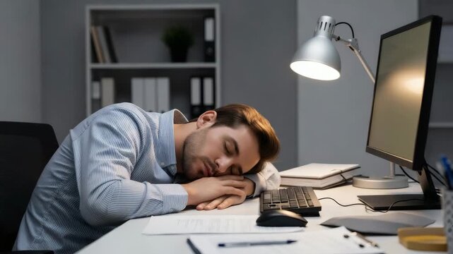 Young man sleeping at desk with papers and computer in office  