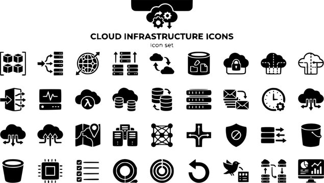 Cloud Infrastructure Icon Set Container Pod Load Balancer CDN Node Auto-Scale Region Failover Object Storage VPC Subnet API Gateway Serverless Database Message Queue 30 Icons Flat Vector DevOps