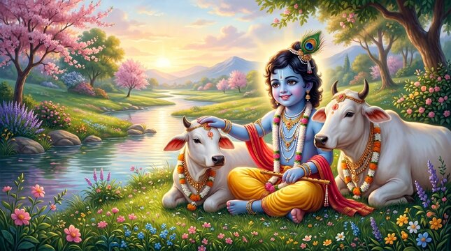 Little Lord Krishna with cows by a river in a beautiful spring landscape.