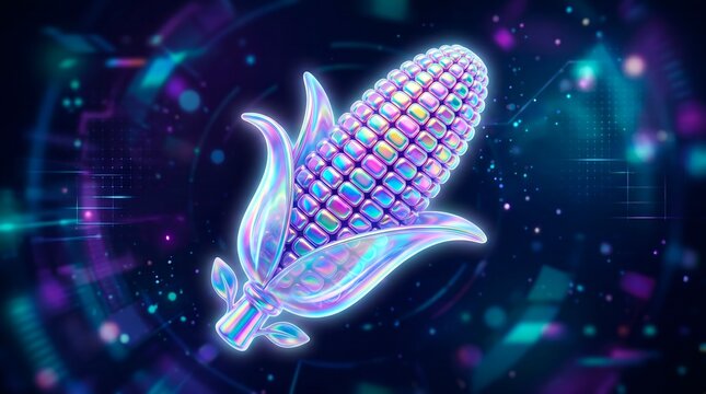 Holographic corn cob icon with iridescent texture on a dark digital background