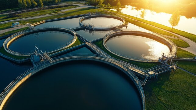 Modern wastewater treatment basins in morning light with geometric view and clear sky for environmental infrastructure