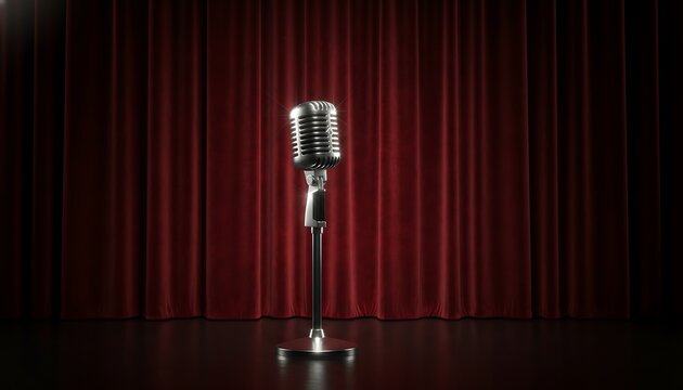 Classic chrome microphone stands on a dark stage floor in front of luxurious red velvet curtains
