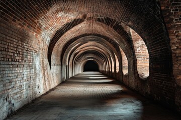 Obraz premium Sewer corridor with arched brick walls and soft light shining down the empty path