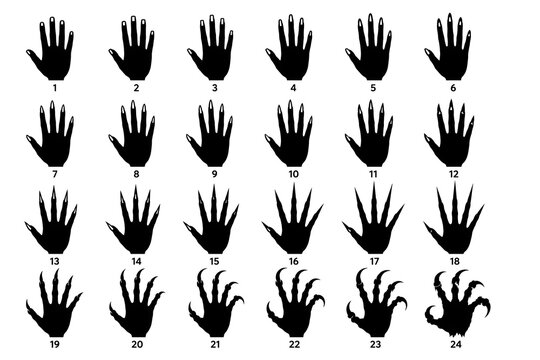 a 24 icons set of 24 zombie and monster hand icons with various sharp claw and nail shapes
