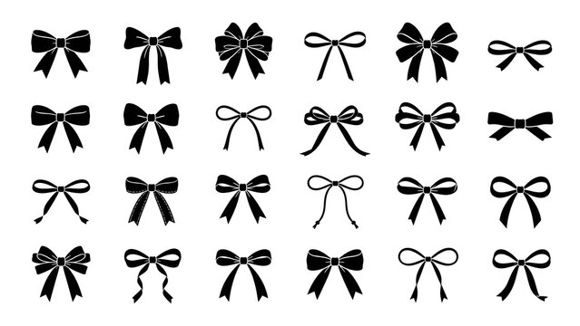 A set of 24 diverse ribbon bow icons and thin string bows for gift decoration and fashion