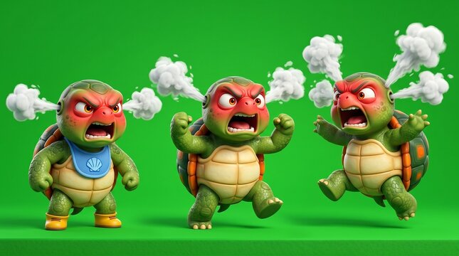 Three Angry Cartoon Turtles with Steam Coming from Their Heads.